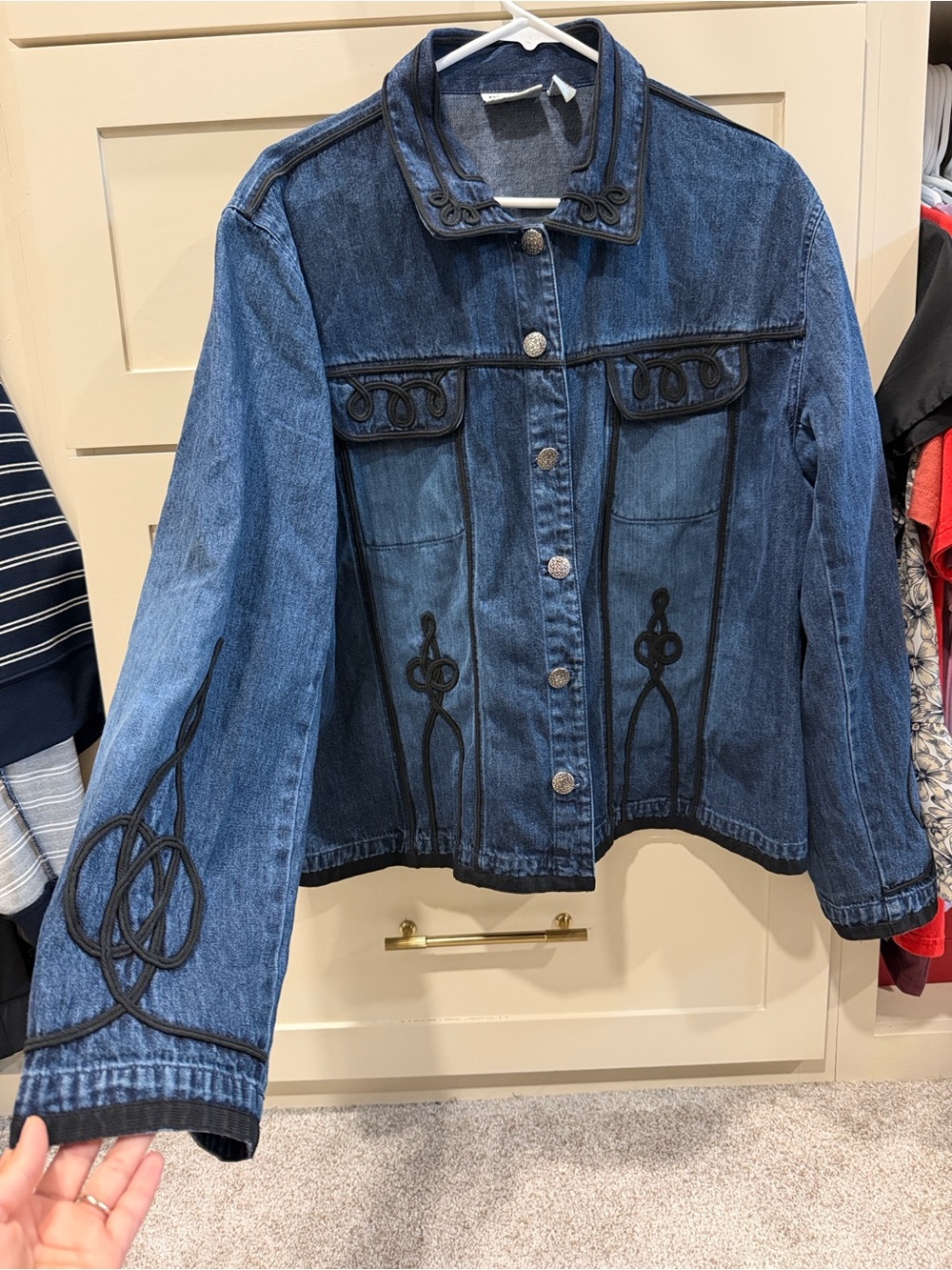 Chico's design Blue Denim Jacket with Black Embroidery Trim